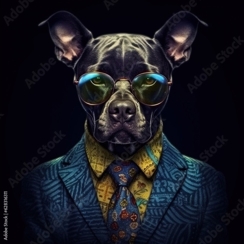 bulldog wearing a glass and a suit