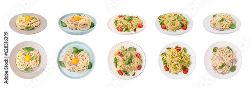 Set of different pasta dishes isolated on white, top and side views
