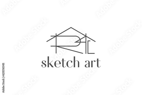 Real estate logo design roof house shape R initial icon symbol line style