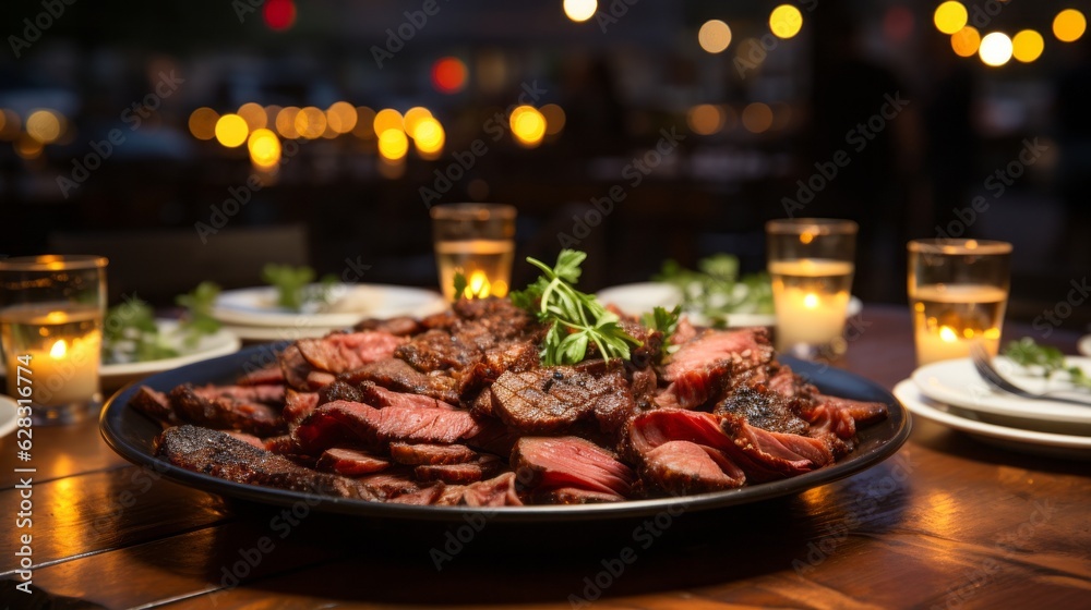 A platter of delicious sliced roast beef. Generative AI. A platter of delicious sliced roast beef. Generative AI.
