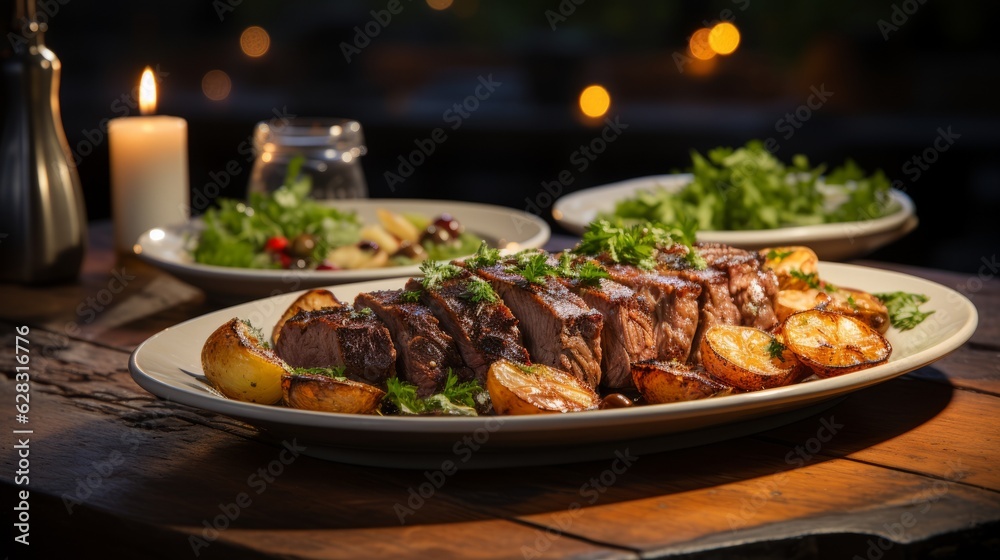 A platter of delicious sliced roast beef. Generative AI. A platter of delicious sliced roast beef. Generative AI.
