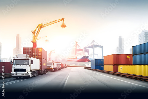 transportation and logistics truck on motorway and industrial container cargo with icon of network distribution on blue background
