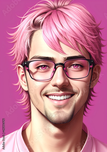 Portrait of a handsome young man with pink hair and glasses. Generative AI © Anton Dios