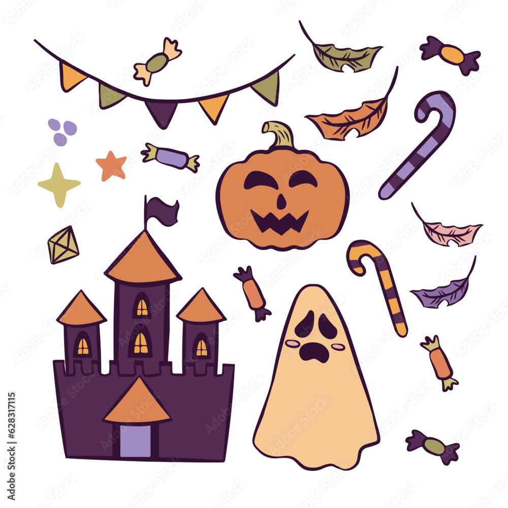 Fototapeta premium Halloween set containing Stingy Jack pumpkin, candies sticks, feathers, ghost, castle and pennants. Vector illustration isolated on transparent background.