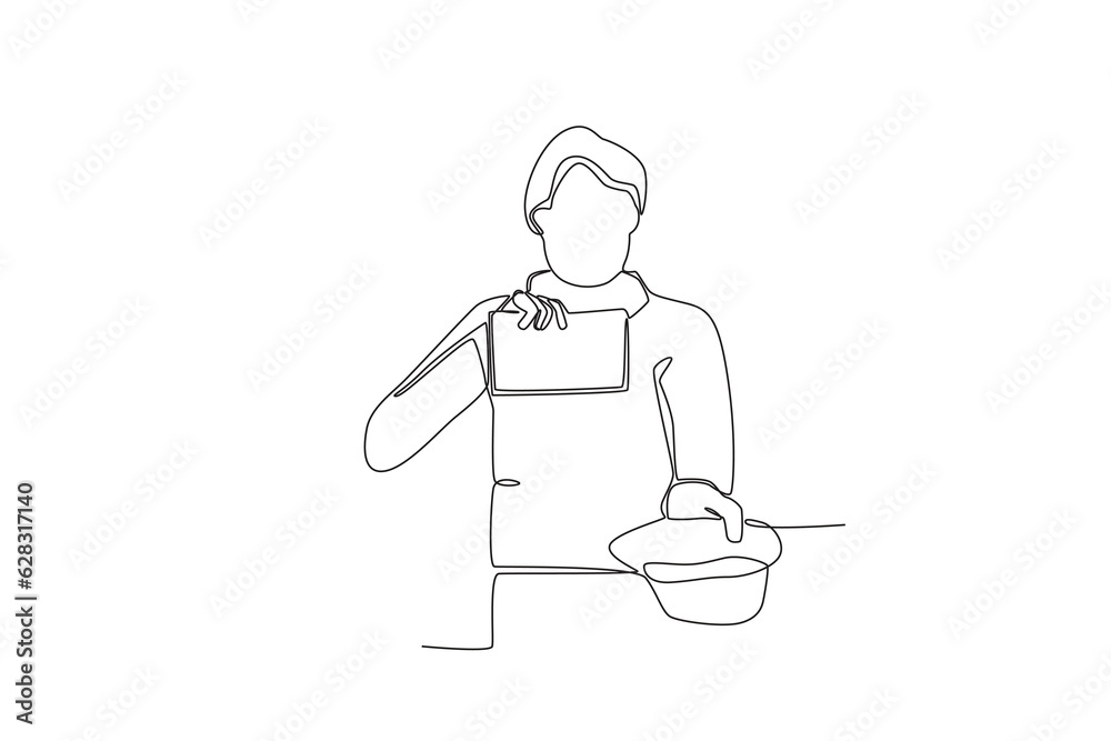 A homeless person holding a paper and a donation box. Homeless one-line drawing