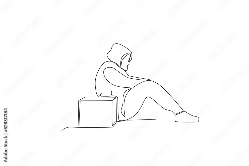 A homeless man sits with a donation box beside him. Homeless one-line drawing A homeless man sits with a donation box beside him. Homeless one-line drawing