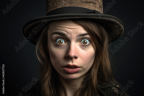 A woman with a goofy expression on her face, wearing a silly hat. Generative AI