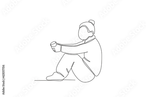 A woman begging on the street. Homeless one-line drawing