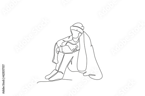 A homeless person sits with a blanket. Homeless one-line drawing