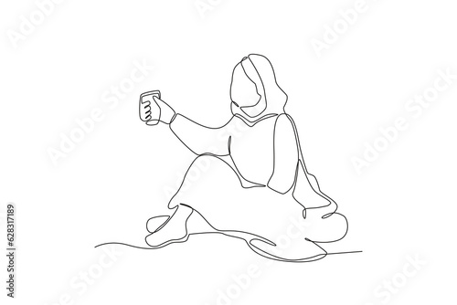 A woman sits begging for money. Homeless one-line drawing