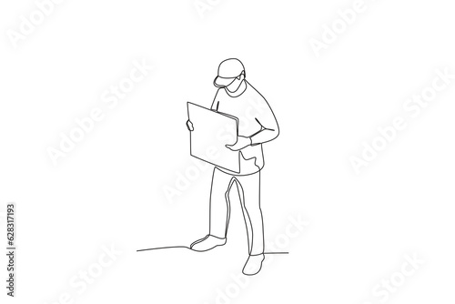 A homeless man stands on a donation board. Homeless one-line drawing