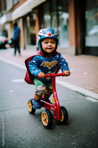 A toddler riding a tricycle while wearing a superhero cape and mask, with a determined expression on their face. Generative AI © piai