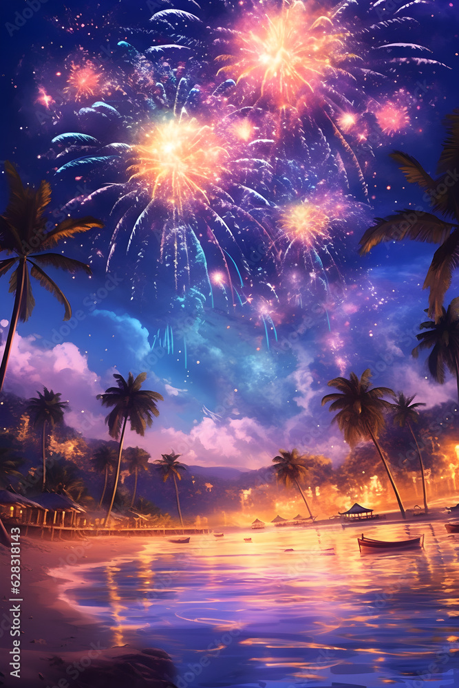 firework in beach illustration