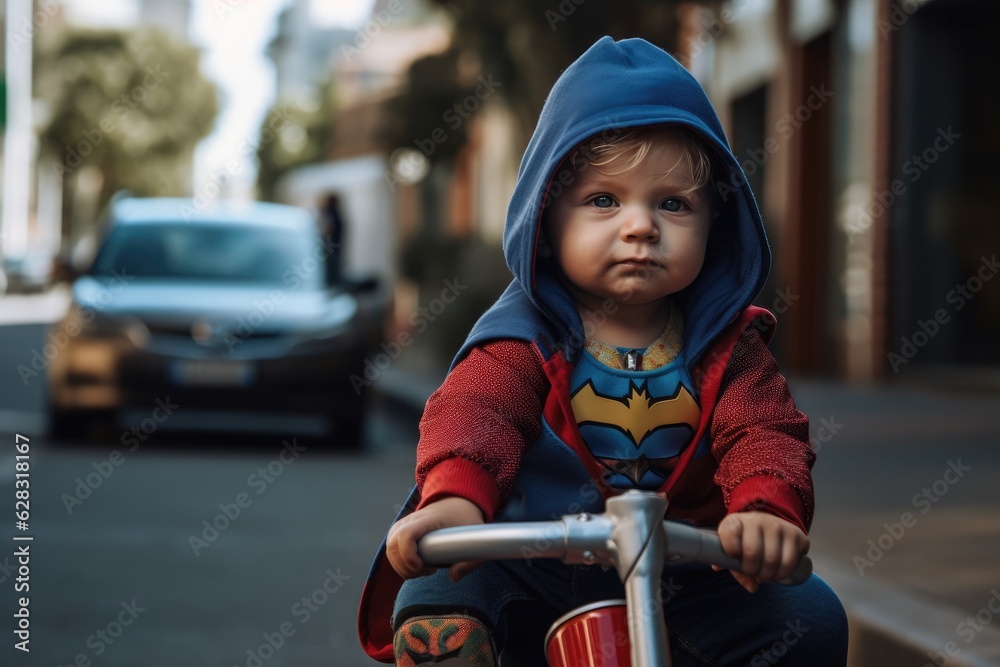 A toddler riding a tricycle while wearing a superhero cape and mask, with a determined expression on their face. Generative AI A toddler riding a tricycle while wearing a superhero cape and mask, with a determined expression on their face. Generative AI