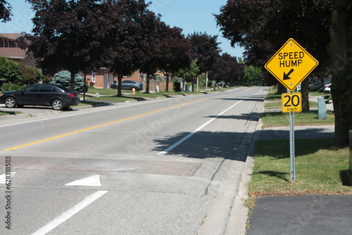 medium on speed hump arrow 20 km/h sign in black writing on yellow background silver post with speed bump in frame