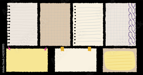 Torn Paper Notes Collection. Hand Drawn Stickers for Planner, Scrapbook, Diary, Schedule. Cute elements in Retro Style. Sketch Drawing Papers Elements. Vector Cartoon Isolated Illustration