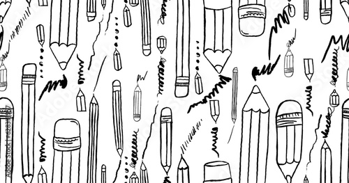Pencils seamless pattern. Hand drawn crayons collection. Outline elements. Kids style drawing pencil. Doodle crayon. Cute wallpaper. Vector illustration on white background