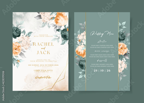 Elegant watercolor wedding invitation template set with emerald green orange floral and leaves decoration