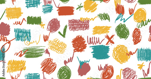 Scribbles seamless pattern. Hand drawn colorful pencil curly lines. Marker drawing squiggles, strokes vector illustration. Paint brush sketches. Scrawl textured freehand wallpaper. Kids background