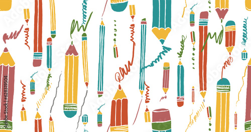 Pencils with scribbles seamless pattern. Hand drawn crayons collection. Colorful elements. Kids style drawing pencil. Doodle crayon. Cute wallpaper. Vector illustration on white background