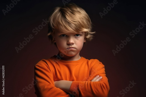 Angry cute kid with arms crossed. Generative AI