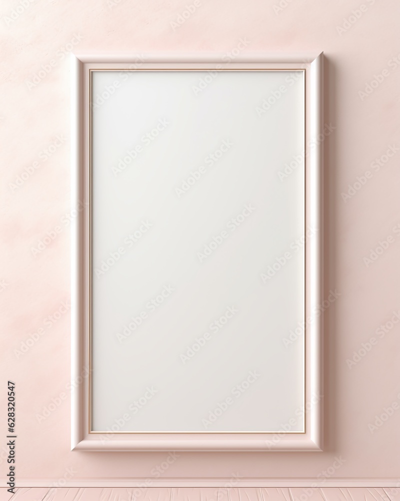 Vertial simple frame mock up on warm pink painted wall, empty white board background Vertial simple frame mock up on warm pink painted wall, empty white board background