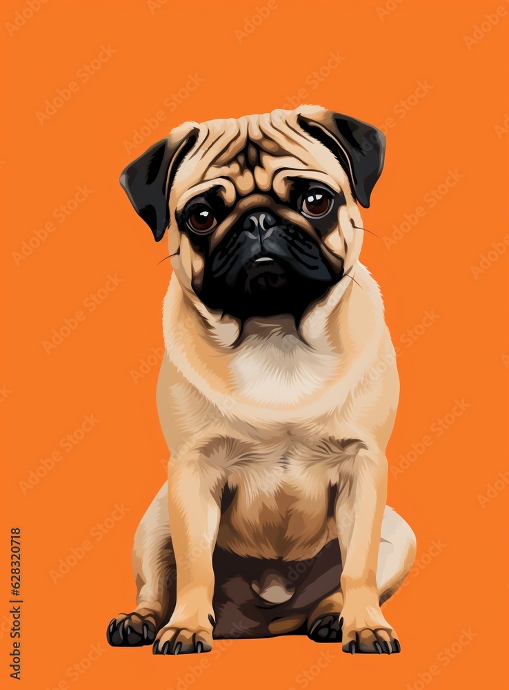 Pug dog portrait on orange background illustration