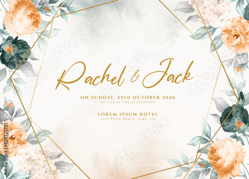 Elegant watercolor wedding invitation template set with emerald green orange floral and leaves decoration
