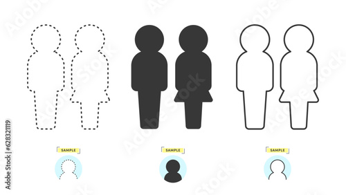 3つのデザインの2人組の男女の全身のアイコン･ピクトグラム - 黒1色と白い塗りの線画･点線のセット
