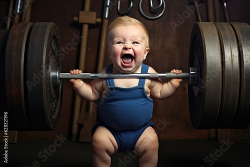 Little smiling strong baby boy lifts a barbell. Generative AI