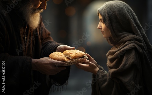 A young girl giving bread and charity to a poor old man.