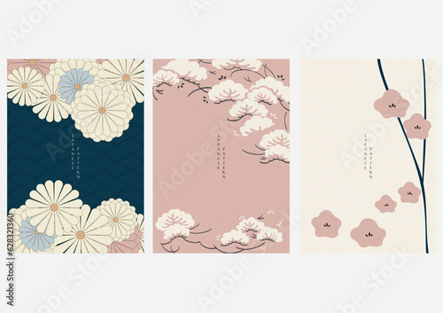 Japanese background with camellia flower element vector. Abstract art template with Asian icon elements. Floral pattern with bonsai tree in vintage style.