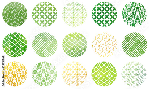 水彩風_緑色の丸形の和柄パターンセット