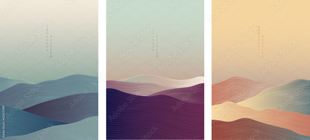 Japanese background with line wave pattern vector. Abstract template with geometric pattern. Mountain landscape and ocean object in oriental style.  - obrazy, fototapety, plakaty 