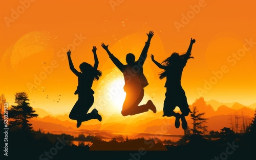 Young people jump with freedom and happiness at sunset.