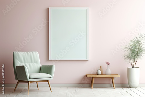 Photo frame on wall with simple decoration and furniture