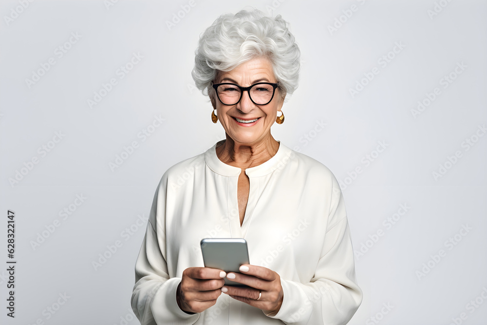 Portrait of elderly woman with mobile phone, senior woman enjoying retirement Portrait of elderly woman with mobile phone, senior woman enjoying retirement