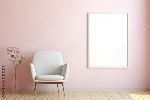 Photo frame on wall with simple decoration and furniture