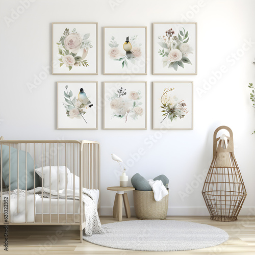 childrens bedroom nursery or baby room six frames on the wall and a crib, white walls and a chair, created with AI generative technology 