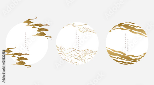 Abstract landscape with Japanese wave pattern vector. Nature art background with Chinese wave and cloud template in oriental style.