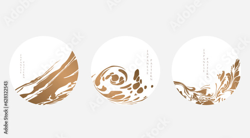 Asian circle icon set with Japanese Cherry blossom flower, bamboo, bonsai and wave object vector. Template for logo design, flyer or presentation in vintage style. © Marukopum