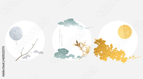 Japanese template with Asian icon vector. Abstract background illustration with Japanese wave pattern. Watercolor texture banner in vintage style.
