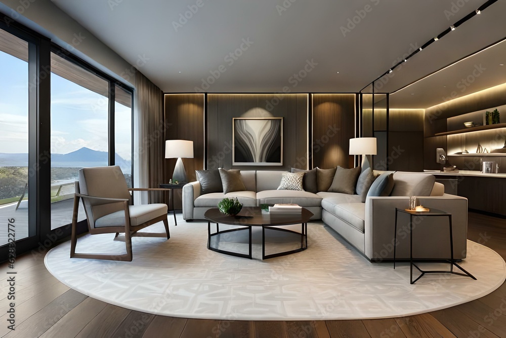 The living room interior in gray and brown tones features a gray sofa on a dark wood floor facing a stone fireplace with built-in shelves. 3d illustration.