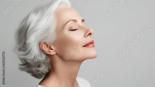 Gorgeous senior older woman with open eyes touching her perfect skin. Beautiful portrait mid 50s aged woman advertising facial antiage lift products salon care tighten skin isolated on white