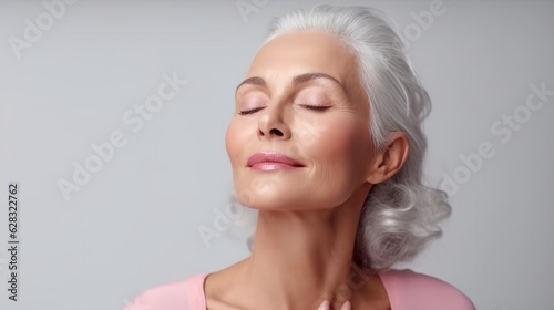 Gorgeous senior older woman with open eyes touching her perfect skin. Beautiful portrait mid 50s aged woman advertising facial antiage lift products salon care tighten skin isolated on white