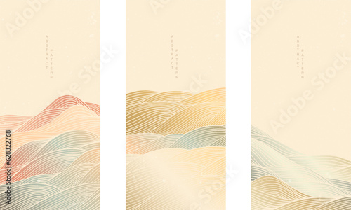 Japanese background with line wave pattern vector. Abstract template with geometric pattern. Mountain forest layout design in vintage style. 