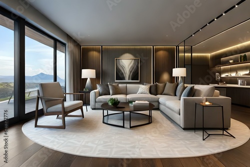 The living room interior in gray and brown tones features a gray sofa on a dark wood floor facing a stone fireplace with built-in shelves. 3d illustration.