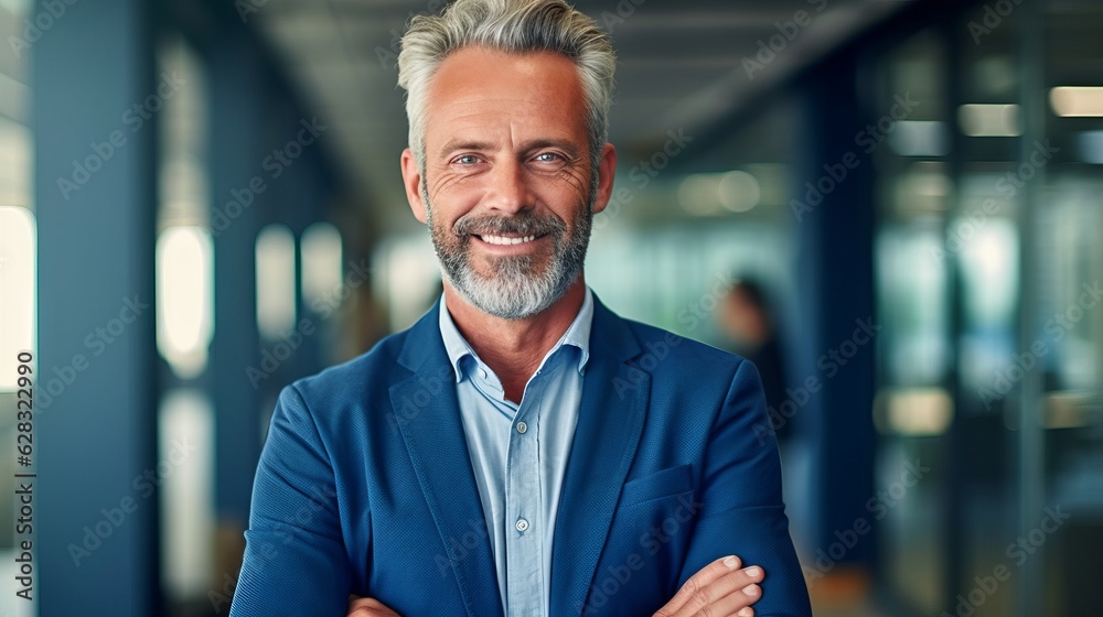 Obraz premium A man with grey hair and a beard wearing a blue jacket, created with Generative Ai Technology
