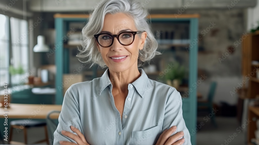 A woman with glasses standing in an office, created with Generative Ai Technology A woman with glasses standing in an office, created with Generative Ai Technology