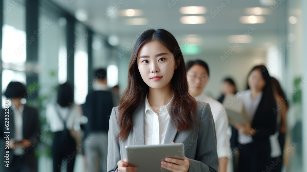 A woman in a business suit holding a tablet, created with Generative Ai Technology A woman in a business suit holding a tablet, created with Generative Ai Technology